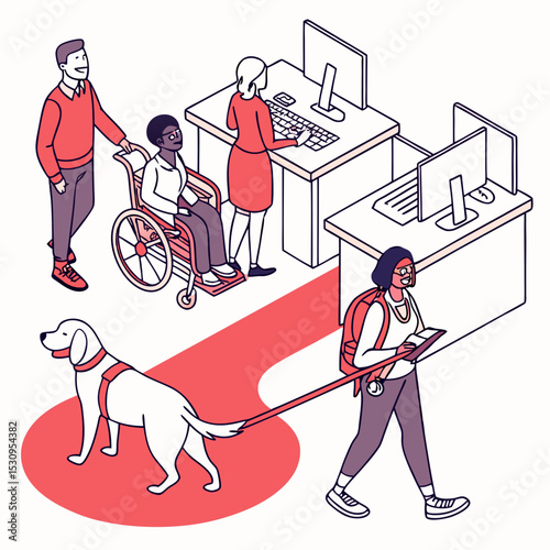 Large set of disabled people in the workplace with a blind man and dog, girl with prosthetics and wheel chair users, flat cartoon colored vector .