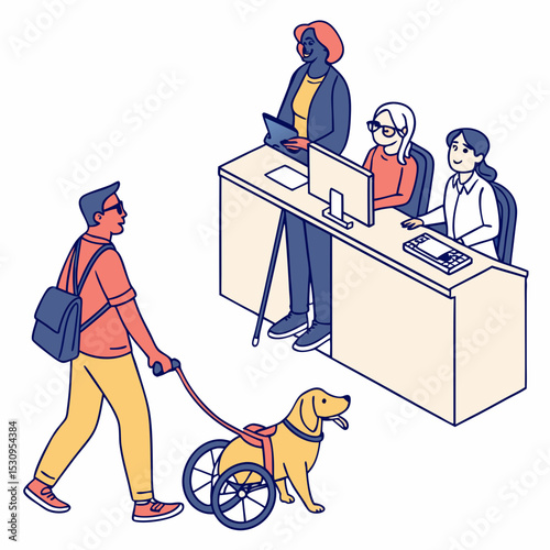 Large set of disabled people in the workplace with a blind man and dog, girl with prosthetics and wheel chair users, flat cartoon colored vector .