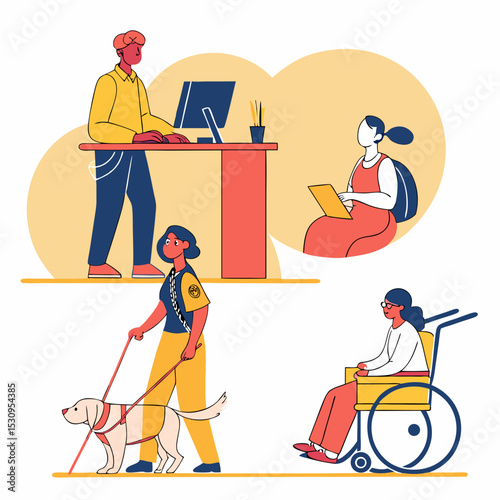 Large set of disabled people in the workplace with a blind man and dog, girl with prosthetics and wheel chair users, flat cartoon colored vector .