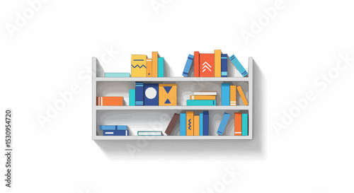 A decorative shelf with various books arranged neatly.