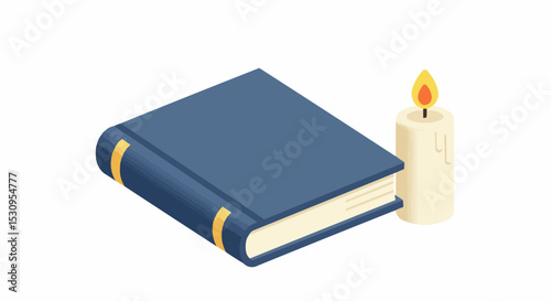 A book and candle arrangement, symbolizing knowledge and warmth.