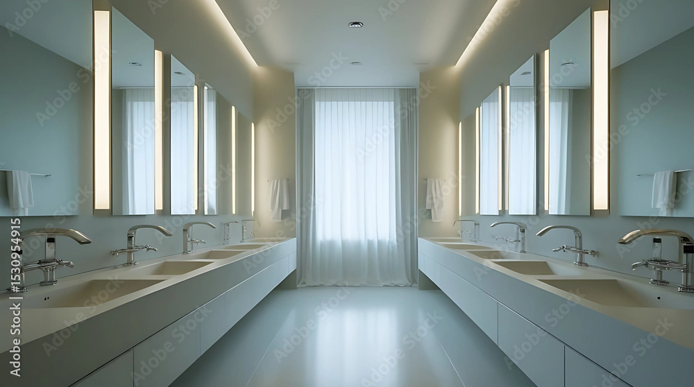 Obraz premium Modern public restroom interior design with sinks and mirrors