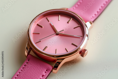 Minimalist pink Wristwatch with metalilic copper face with pink Leather Strap on a light ivory  Background, Product photography