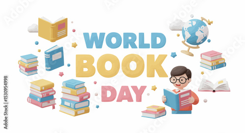 A captivating illustration celebrating World Book Day with various books and a globe.