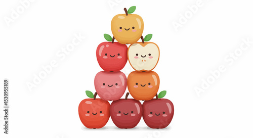 A charming illustration of a pyramid made of smiling apples.