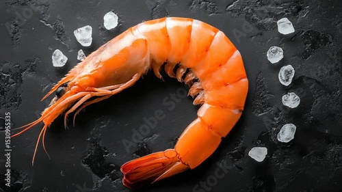 Freshly cooked shrimp on a dark stone surface surrounded by ice cubes, ideal for culinary use