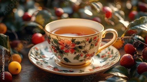 Floral teacup, warm drink, autumnal berries