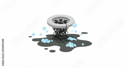 Clogged drain with overflowing dirty water and hair.