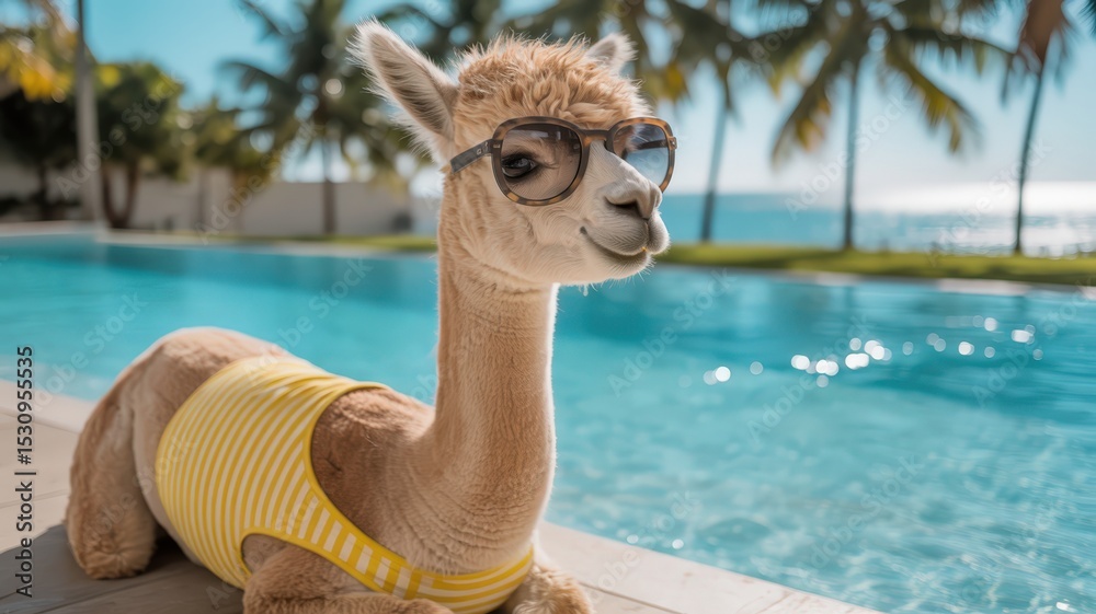 Fototapeta premium Alpaca wearing sunglasses and swimsuit relaxing by a blue swimming pool on a sunny day.