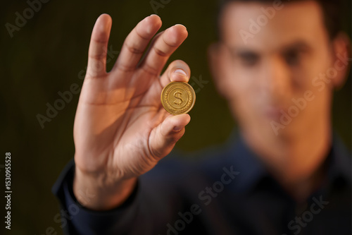 Man holds a golden dollar coin in his outstretched hand