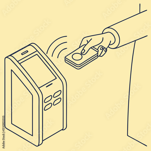 Illustration of a contactless payment terminal with a hand holding a card. Minimalist design, yellow background, featuring modern financial technology. Vector .