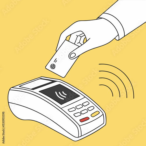 Illustration of a contactless payment terminal with a hand holding a card. Minimalist design, yellow background, featuring modern financial technology. Vector .