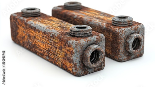 Two rusty, rectangular metal blocks with threaded holes