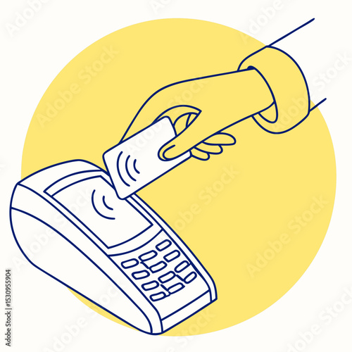 Illustration of a contactless payment terminal with a hand holding a card. Minimalist design, yellow background, featuring modern financial technology. Vector .