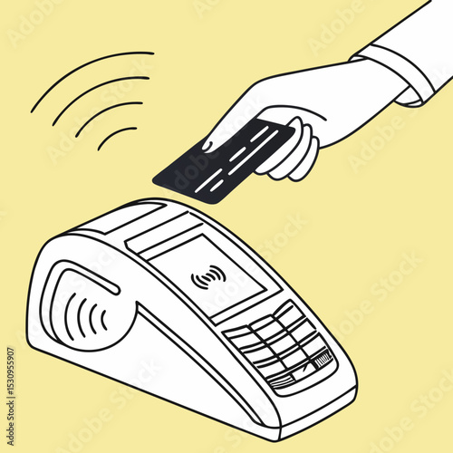 Illustration of a contactless payment terminal with a hand holding a card. Minimalist design, yellow background, featuring modern financial technology. Vector .