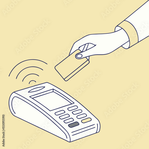 Illustration of a contactless payment terminal with a hand holding a card. Minimalist design, yellow background, featuring modern financial technology. Vector .