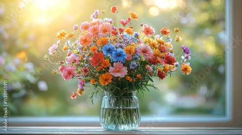 Vibrant flower bouquet in vase by window