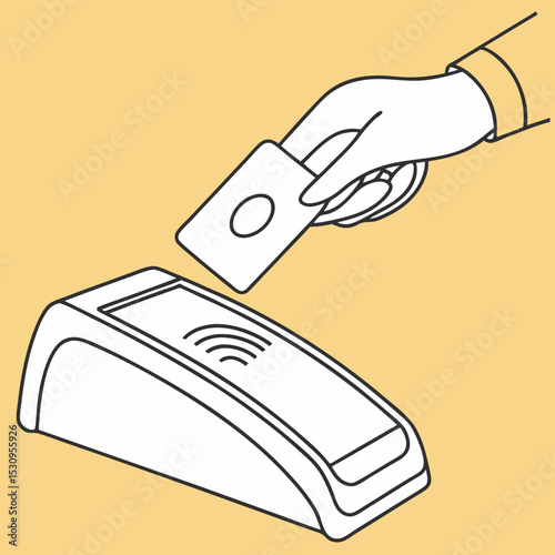 Illustration of a contactless payment terminal with a hand holding a card. Minimalist design, yellow background, featuring modern financial technology. Vector .