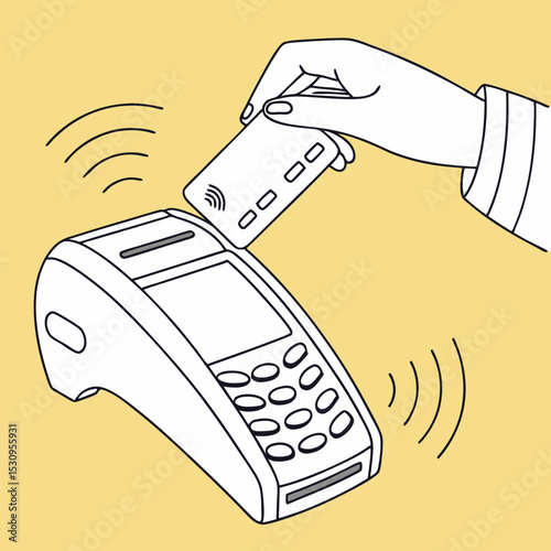 Illustration of a contactless payment terminal with a hand holding a card. Minimalist design, yellow background, featuring modern financial technology. Vector .