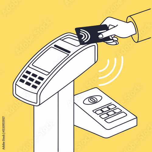 Illustration of a contactless payment terminal with a hand holding a card. Minimalist design, yellow background, featuring modern financial technology. Vector .