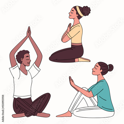Set of tranquil people. Men and women in lotus position. Yoga and stretching, active lifestyle. Mindfulness and calmness. Cartoon flat vector collection isolated on white .