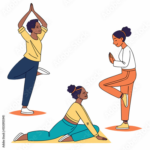 Set of tranquil people. Men and women in lotus position. Yoga and stretching, active lifestyle. Mindfulness and calmness. Cartoon flat vector collection isolated on white .