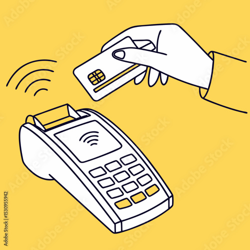 Illustration of a contactless payment terminal with a hand holding a card. Minimalist design, yellow background, featuring modern financial technology. Vector .