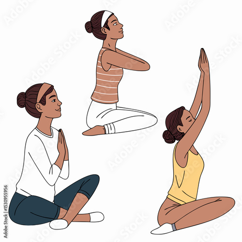 Set of tranquil people. Men and women in lotus position. Yoga and stretching, active lifestyle. Mindfulness and calmness. Cartoon flat vector collection isolated on white .