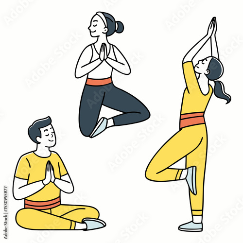 Set of tranquil people. Men and women in lotus position. Yoga and stretching, active lifestyle. Mindfulness and calmness. Cartoon flat vector collection isolated on white .