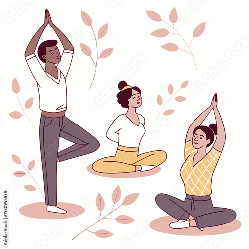 Set of tranquil people. Men and women in lotus position. Yoga and stretching, active lifestyle. Mindfulness and calmness. Cartoon flat vector collection isolated on white .
