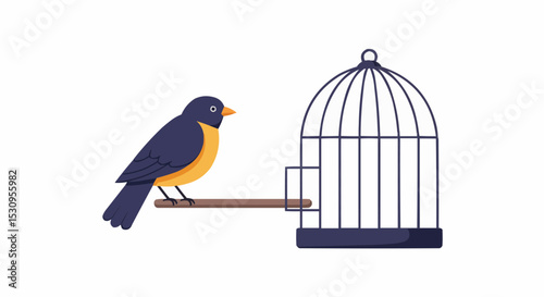 A bird contemplating freedom next to an empty cage.