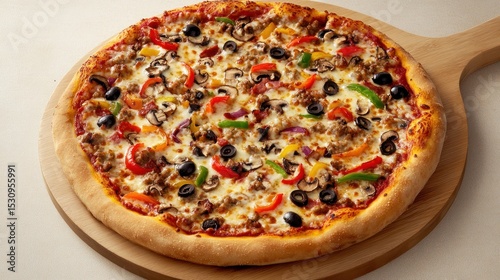 Large loaded pizza with many toppings