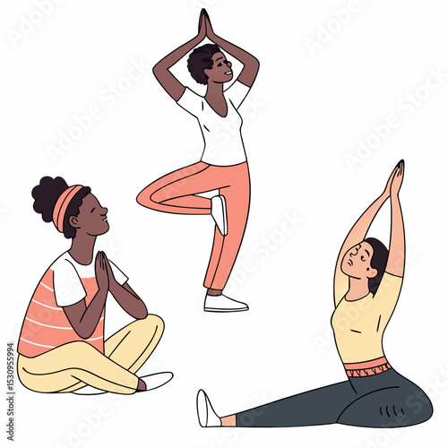 Set of tranquil people. Men and women in lotus position. Yoga and stretching, active lifestyle. Mindfulness and calmness. Cartoon flat vector collection isolated on white .