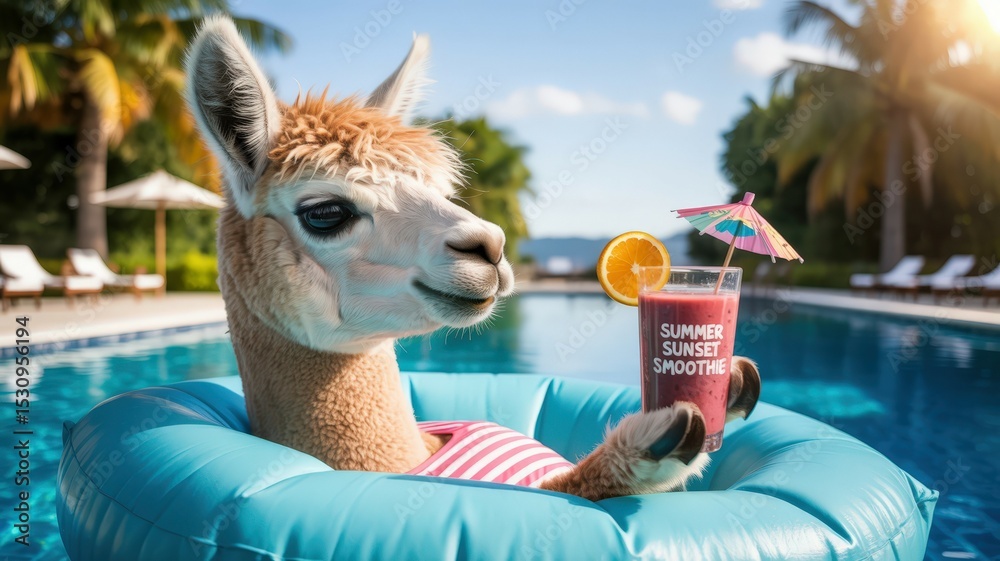 Fototapeta premium Llama in pool float with smoothie, orange slice, and umbrella enjoying summer vacation.