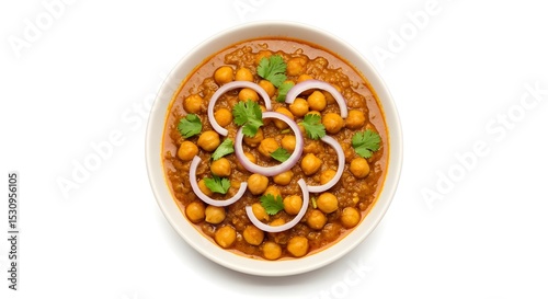 Delicious Indian Chole with Onion Garnish in white bowl top down view  white background