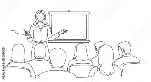 Woman Giving Presentation One Line Art - Continuous Line Drawing Vector