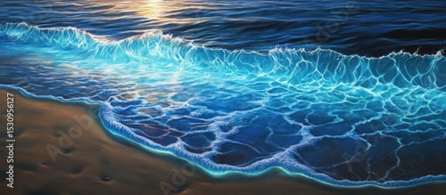 Luminous ocean waves on a sandy shore