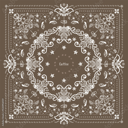 Coffee Bandana Print, paisley pattern. coffee, coffee beans, flowers, decorative geometric line ornament. Bandana pattern template. Silk neck scarf or kerchief square pattern design.