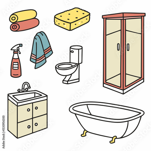 Set of bathroom elements. Towels, sponge and soap. Washbasin, toilet, shower stall and wardrobe. Apartment interior furniture and decor. Cartoon flat vector illustrations isolated on white .