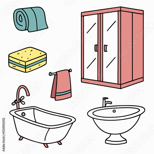 Set of bathroom elements. Towels, sponge and soap. Washbasin, toilet, shower stall and wardrobe. Apartment interior furniture and decor. Cartoon flat vector illustrations isolated on white .