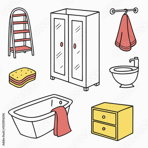 Set of bathroom elements. Towels, sponge and soap. Washbasin, toilet, shower stall and wardrobe. Apartment interior furniture and decor. Cartoon flat vector illustrations isolated on white .