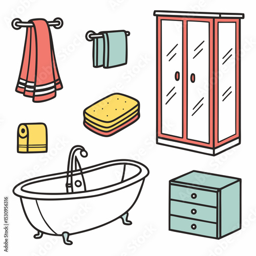 Set of bathroom elements. Towels, sponge and soap. Washbasin, toilet, shower stall and wardrobe. Apartment interior furniture and decor. Cartoon flat vector illustrations isolated on white .