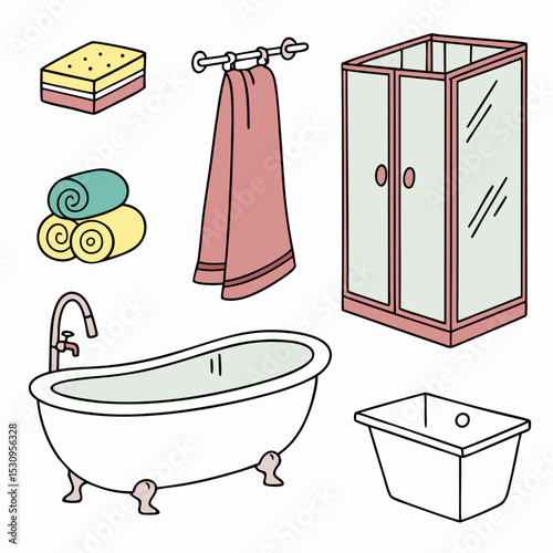 Set of bathroom elements. Towels, sponge and soap. Washbasin, toilet, shower stall and wardrobe. Apartment interior furniture and decor. Cartoon flat vector illustrations isolated on white .