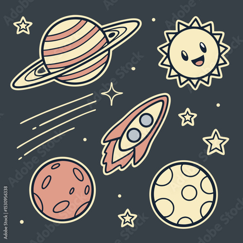 Set of pixel astronomical elements. Stickers or icons with solar system planets, comets, asteroids and star. Badges for video games and apps. Cartoon flat vector collection isolated on dark .