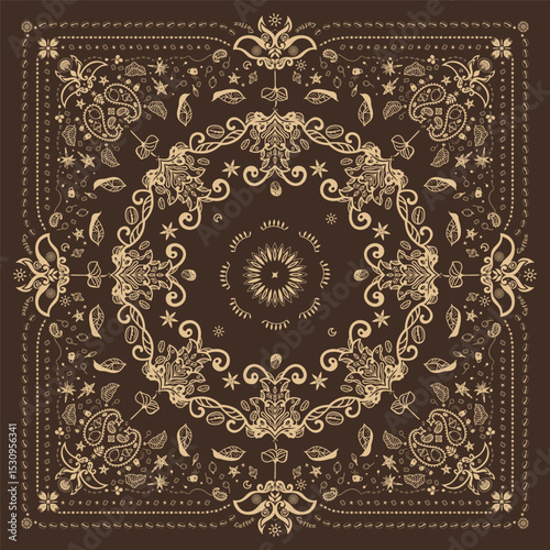 Coffee Bandanna Print, paisley seamless pattern. coffee, coffee beans, flowers, decorative geometric line ornament. Bandana pattern template. Silk neck scarf or kerchief square pattern design.