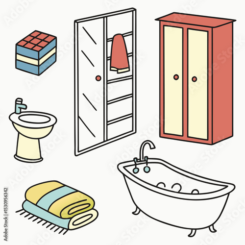 Set of bathroom elements. Towels, sponge and soap. Washbasin, toilet, shower stall and wardrobe. Apartment interior furniture and decor. Cartoon flat vector illustrations isolated on white .