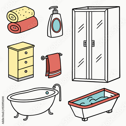 Set of bathroom elements. Towels, sponge and soap. Washbasin, toilet, shower stall and wardrobe. Apartment interior furniture and decor. Cartoon flat vector illustrations isolated on white .