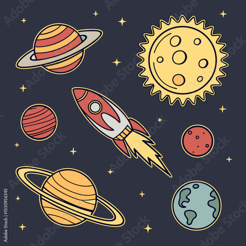 Set of pixel astronomical elements. Stickers or icons with solar system planets, comets, asteroids and star. Badges for video games and apps. Cartoon flat vector collection isolated on dark .