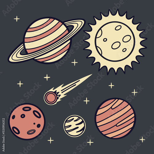 Set of pixel astronomical elements. Stickers or icons with solar system planets, comets, asteroids and star. Badges for video games and apps. Cartoon flat vector collection isolated on dark .