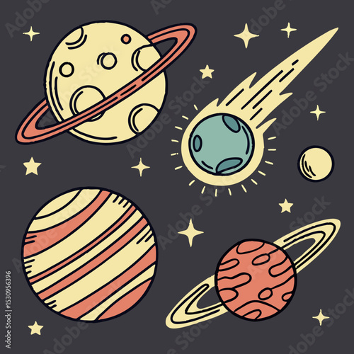 Set of pixel astronomical elements. Stickers or icons with solar system planets, comets, asteroids and star. Badges for video games and apps. Cartoon flat vector collection isolated on dark .